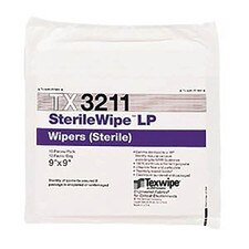 Front view of TX3211 SterileWipe LP sterile dry poly wipes showing purple product band, wipe size 9 x 9, and sterile labeling on fully sealed white packaging