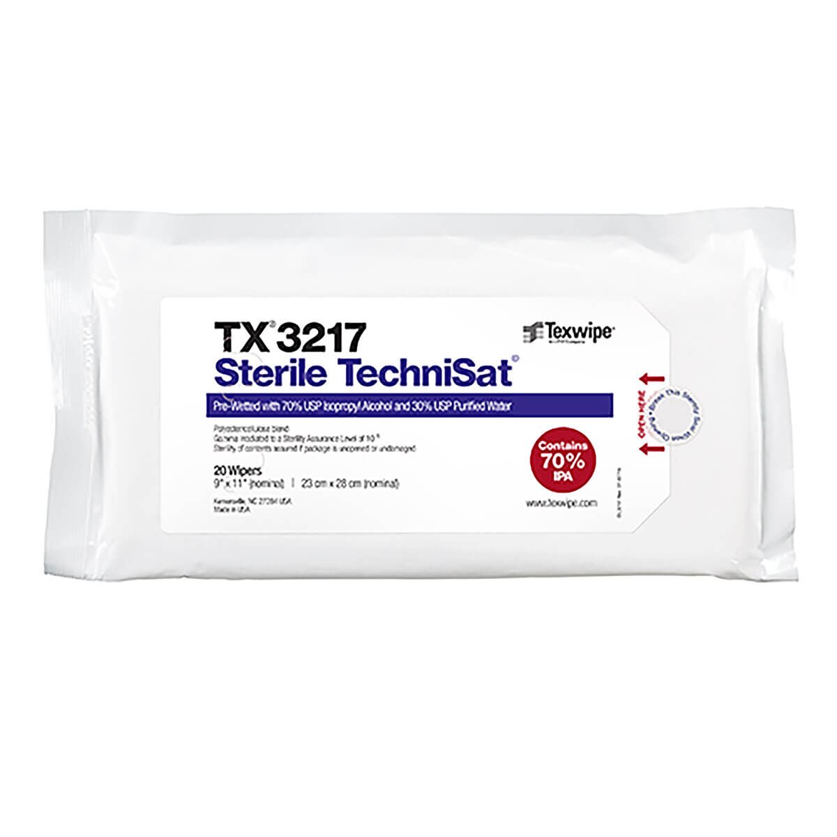 Sterile TechniSat TX3217 pre-wetted wipes in sealed pouch, sized 9x11, containing 70% USP isopropyl alcohol and 30% purified water for cleanroom surface wiping.