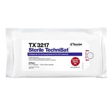 Sterile TechniSat TX3217 pre-wetted wipes in sealed pouch, sized 9x11, containing 70% USP isopropyl alcohol and 30% purified water for cleanroom surface wiping.