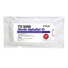 Sterile AlphaSat 10 TX3285 pre-saturated cleanroom wipes, sized 9x9, pre-wetted with 70% USP isopropyl alcohol and 30% purified water, sealed pouch for controlled sterile surface cleaning.