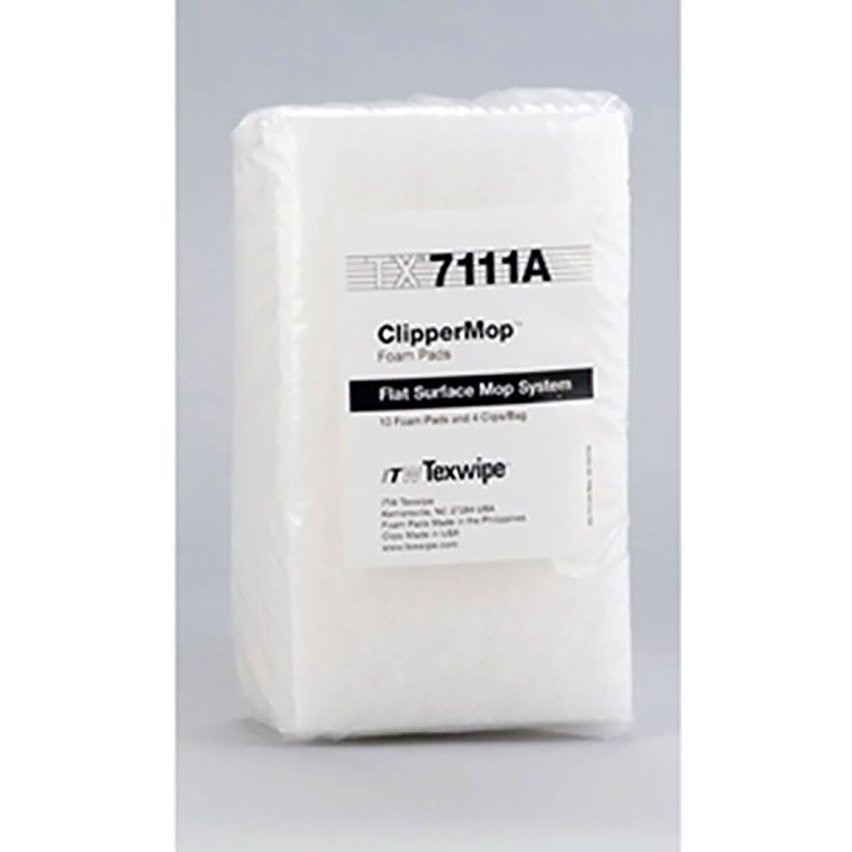 Front view of packaged ClipperMop foam pads showing TX7111A label on sealed white pad stack.