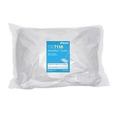 Front view of sealed AlphaMop TX7118 replacement kit with blue label, showing packaged polyester mop covers and pad inside clear sterile-style bag.