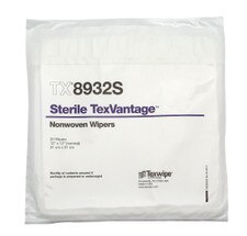 Flat packaged bundle of sterile TexVantage TX8932S dry wipes sealed in white outer wrap with purple product marking, showing wipe count and 12 x 12 size displayed on label