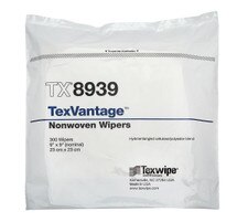 Flat packaged bundle of TexVantage TX8939 dry wipes sealed in white wrapper with product label printed in blue and black text showing quantity and wipe size