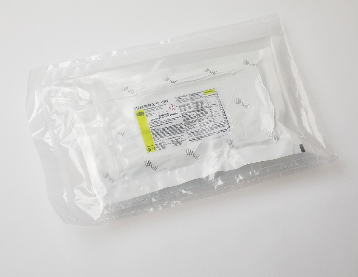 STERI-PEROX 3% hydrogen peroxide pre-saturated wipes packaged in sterile outer bag, showing full protective overwrap for cleanroom contamination control.