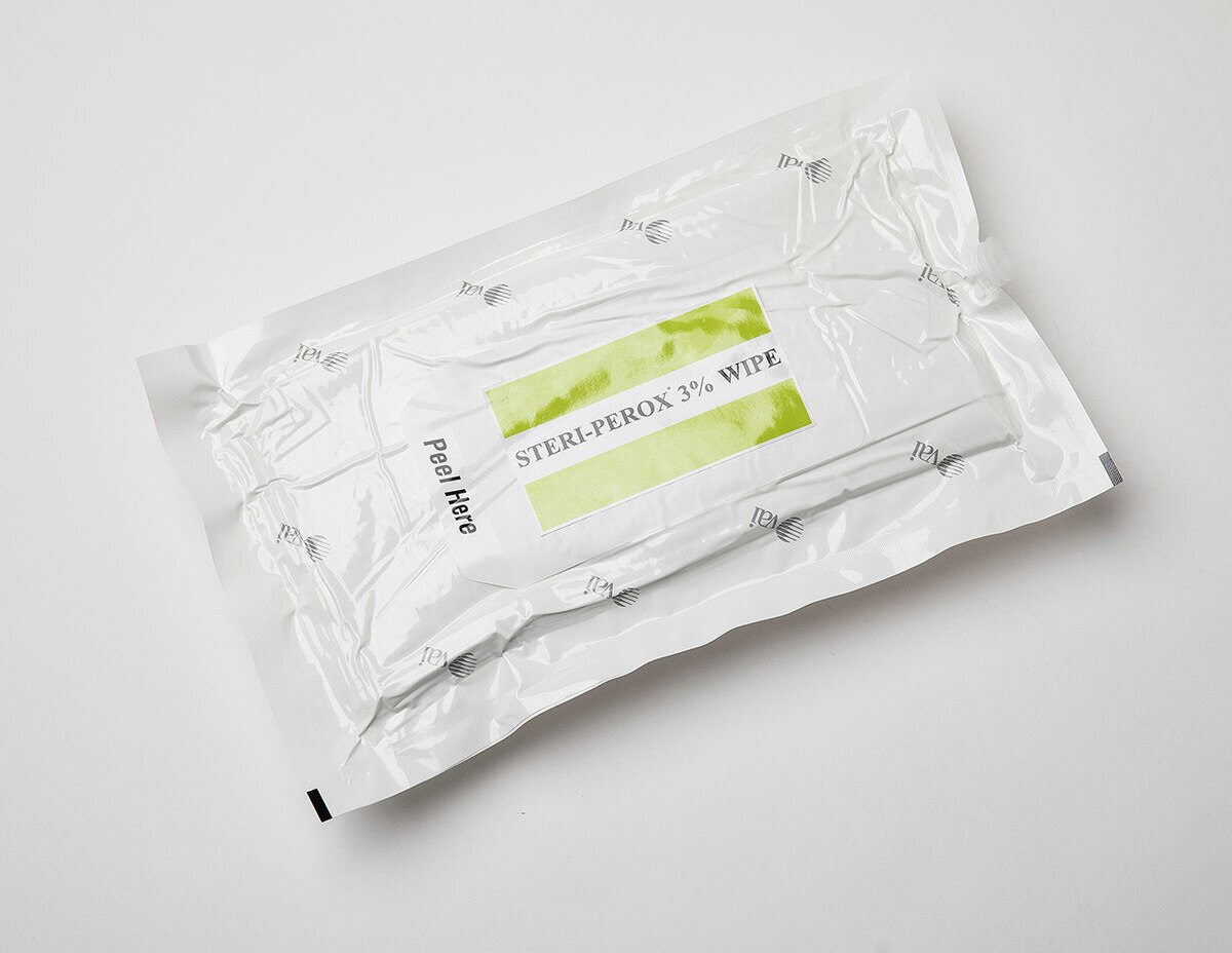 STERI-PEROX 3% wipe pouch with peel-open sterile seal, labeled for hydrogen peroxide saturation and cleanroom-grade use.