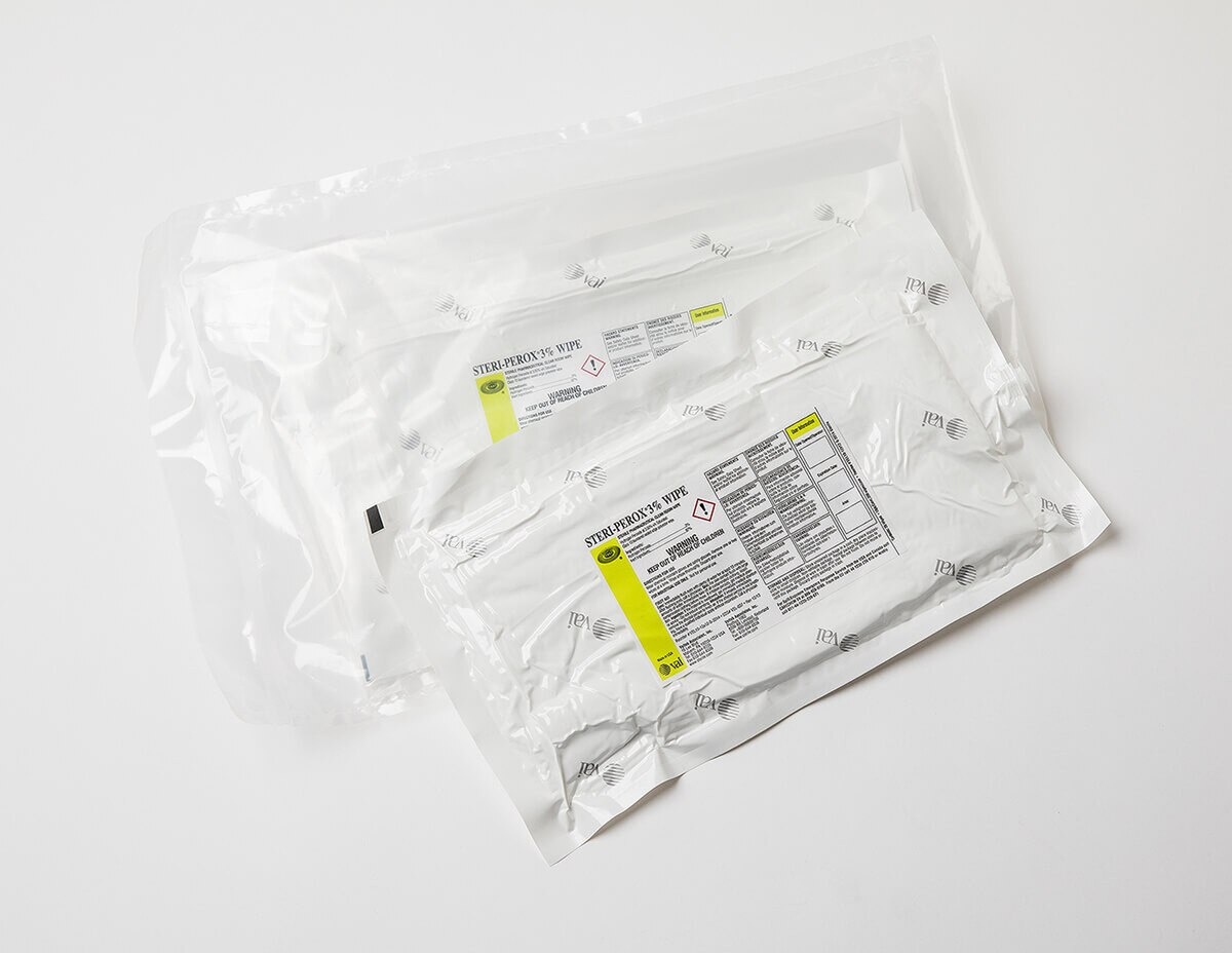 Bundle of STERI-PEROX 3% hydrogen peroxide pre-saturated 12x12 cleanroom wipes in layered sterile packaging, showing multiple individually sealed units.