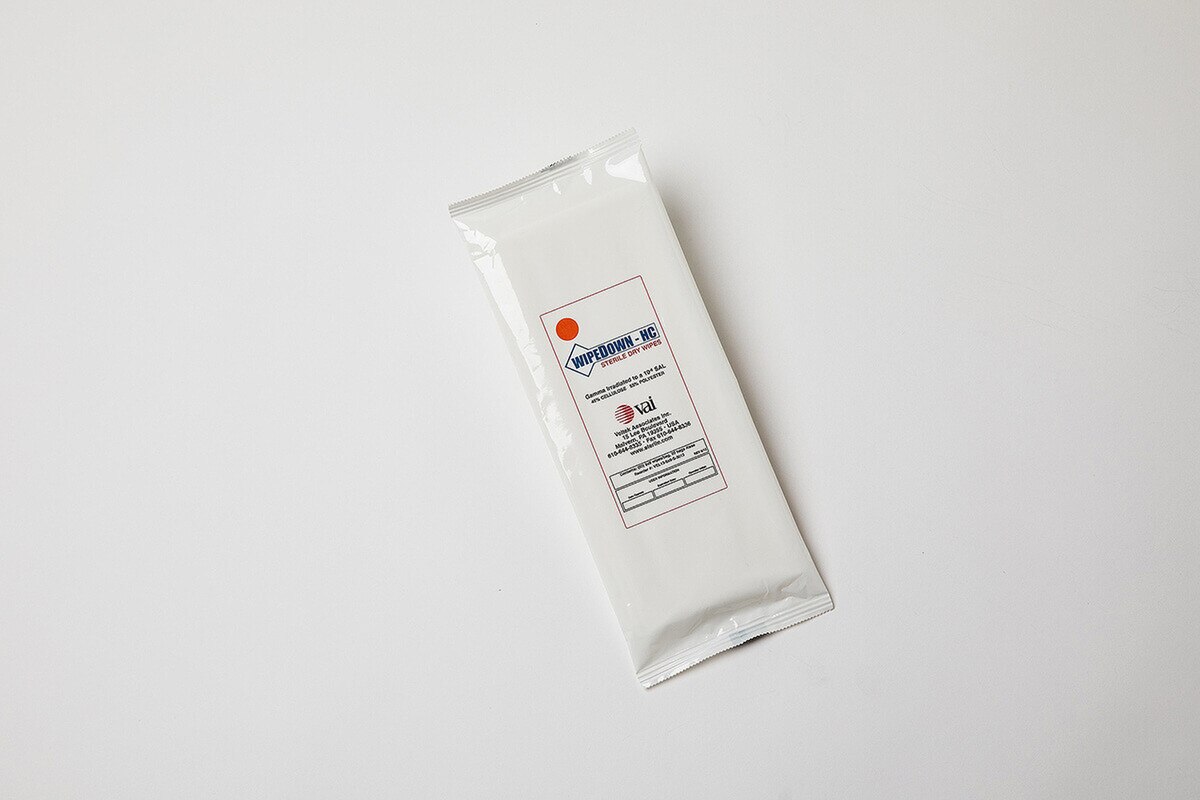 Single pack of WipeDown HC sterile dry wipes shown flat on clean white surface with front label visible