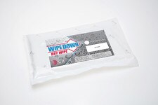 Packaged WipeDown dry poly wipes showing full product label on sealed white pouch